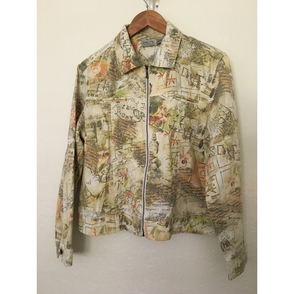 Chico's Women's Linen Cotton Blend Zip Front Jean Like Jacket Sz 1-S-M
